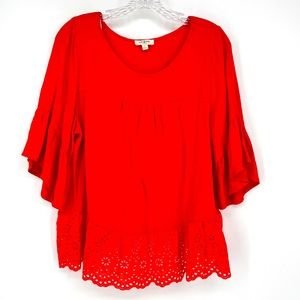 Umgee Red Eyelet Lace Trim Linen Blend Blouse Size Small Flutter Sleeve